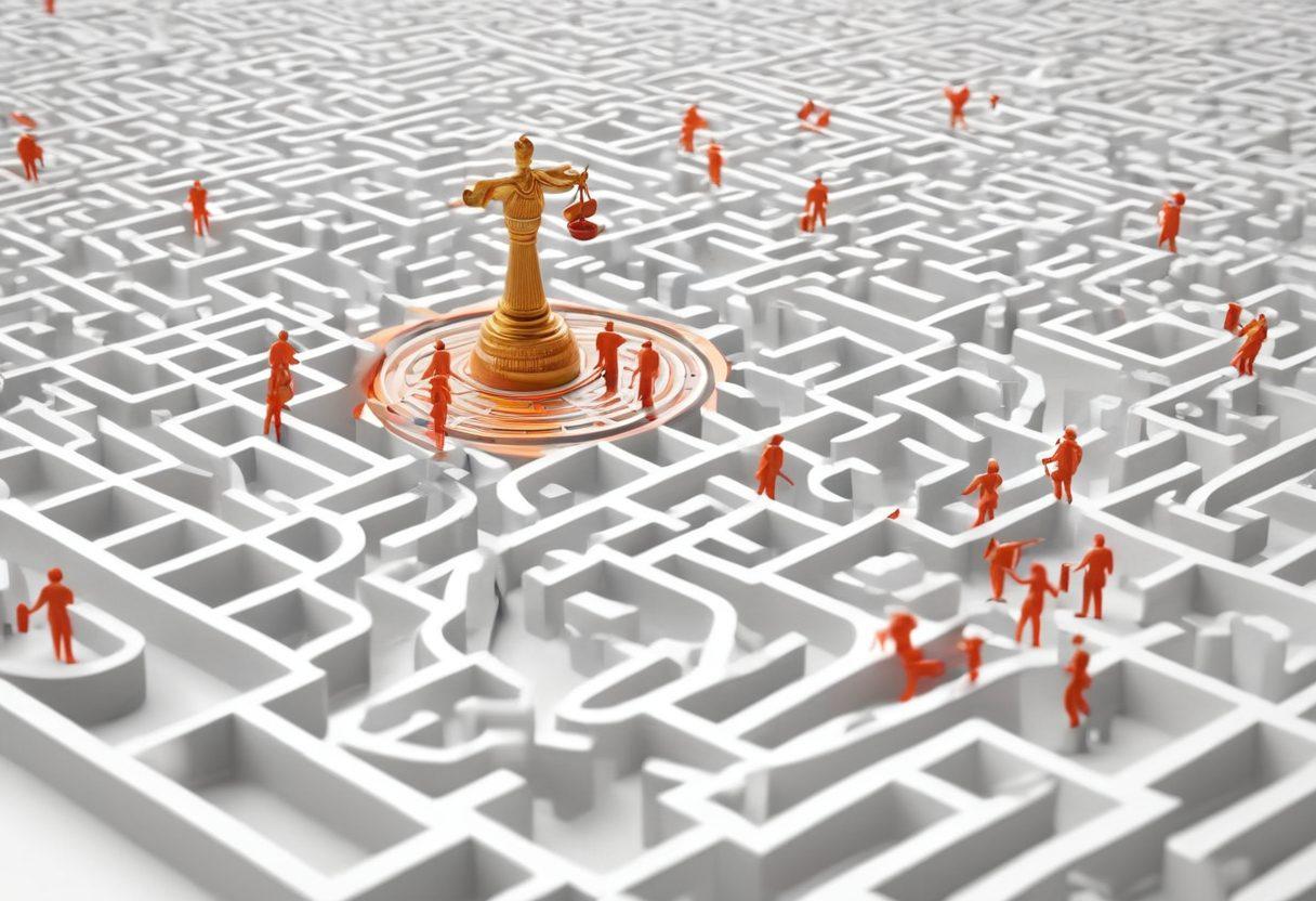 A detailed, intricate maze representing the legislative process, with symbolic elements like laws, gavel, and scales of justice scattered throughout. Include a diverse group of individuals navigating through the maze, showcasing their determination and curiosity. Bright, engaging colors to enhance the concept of empowerment and understanding. super-realistic. vibrant colors. white background.